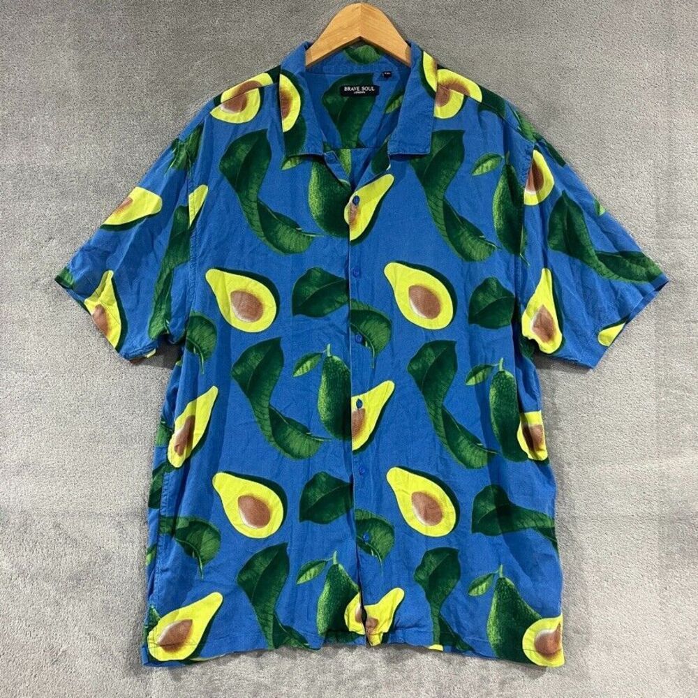 Brave Soul Hawaiian Avocado All Over Print Shirt Men's 2XL Blue Button-Up